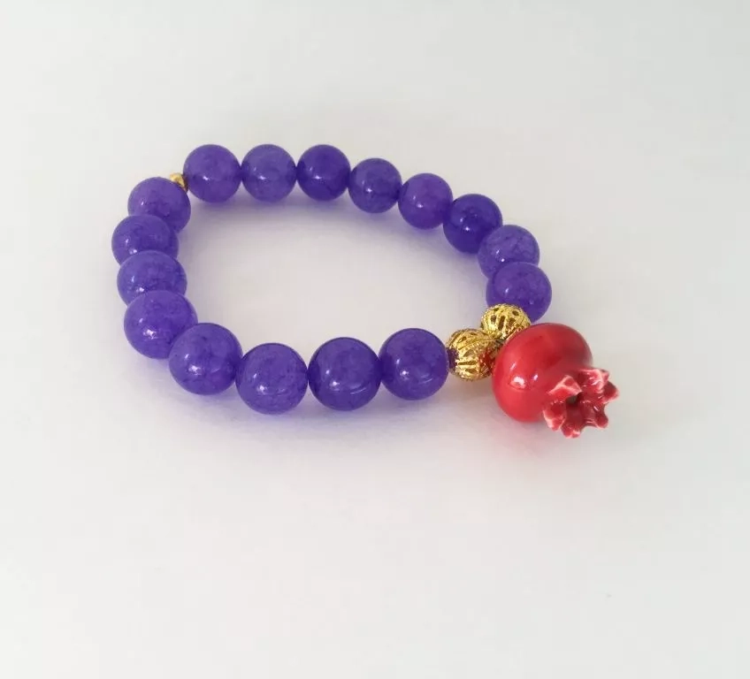 Ceramic pomegranate bracelet with purple  quartzite beads