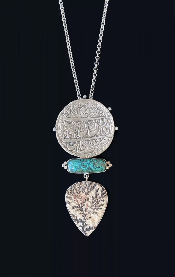Exotic Large Silver Persian Iranian Style With Calligraphy Neishabour Turquoise And Plume Agate