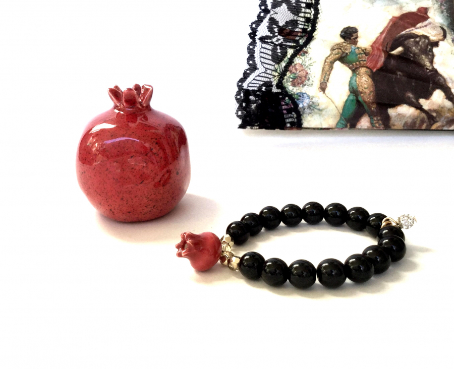 Ceramic pomegranate bracelet with black beads