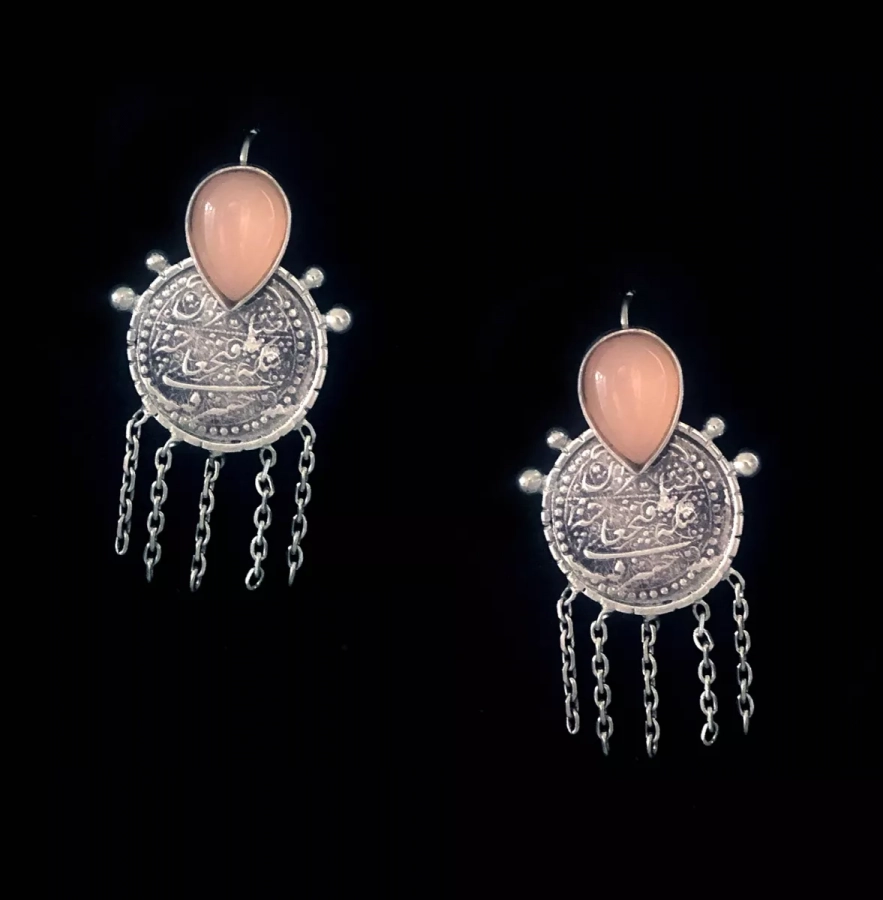 Imitation Coin And Pink Agate Earrings