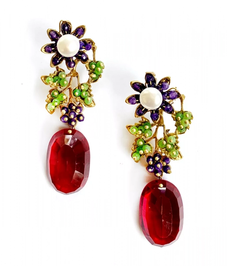 Floral Earrings With Pearls, Agate And Red Ruby