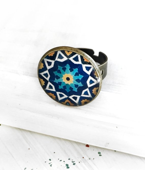 GOLBARG Blue yellow Persian tile design ring - adjustable ring - Historic - Ancient