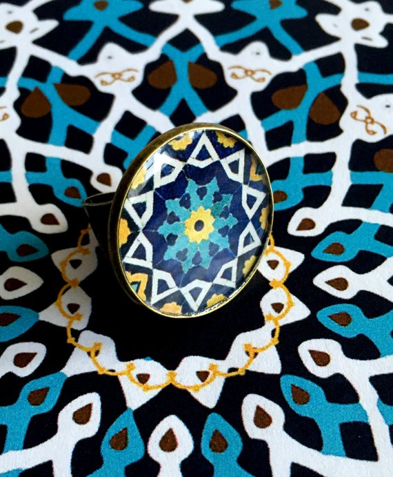 GOLBARG Blue yellow Persian tile design ring - adjustable ring - Historic - Ancient