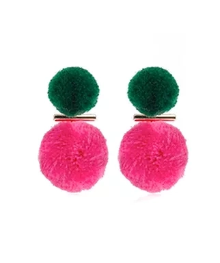 Pink and Green Pom Pom Earrings