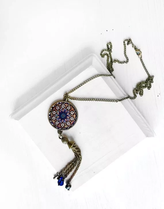 HOMA tassel necklace -Persian tile design - Persian jewelry- Oriental - fringe - tassel