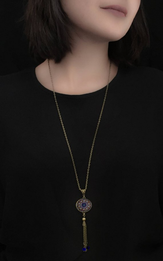 HOMA tassel necklace -Persian tile design - Persian jewelry- Oriental - fringe - tassel
