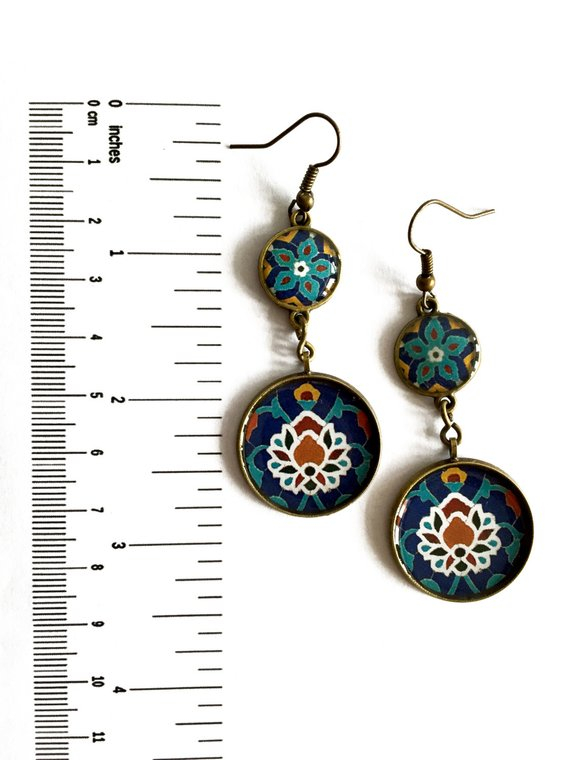 NILOOFAR Lotus design dangle earrings - Persian lotus - Persian tile design Earrings - Persian jewelry- Oriental - chakra