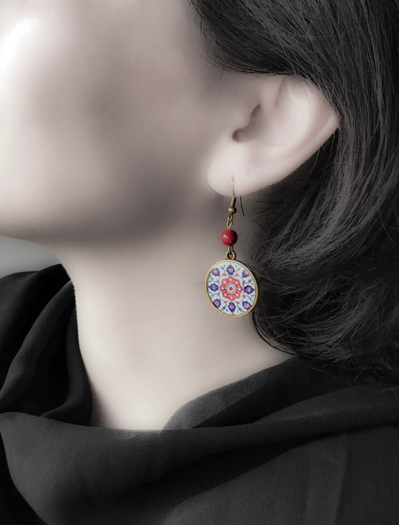 SARA Persian tile design on bronze tone Earrings - Persian tile design Earrings - Persian jewelry- Oriental - floral