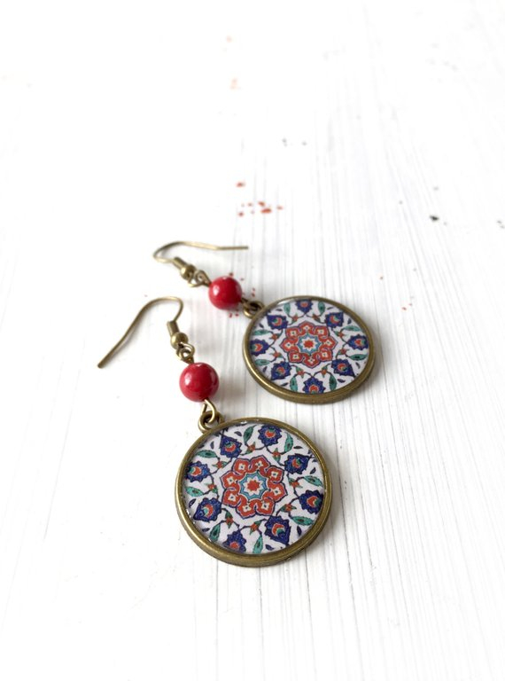 SARA Persian tile design on bronze tone Earrings - Persian tile design Earrings - Persian jewelry- Oriental - floral
