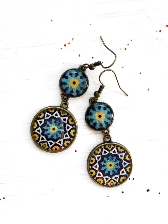 GOLBARG Blue Yellow Oriental dangle earrings - Persian tile design Earrings - Persian jewelry- yoga - Mandala