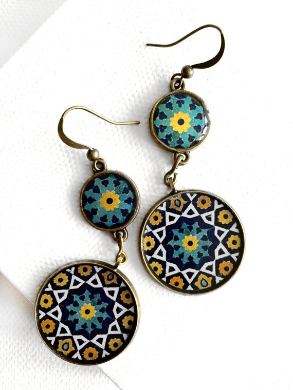 GOLBARG Blue Yellow Oriental dangle earrings - Persian tile design Earrings - Persian jewelry- yoga - Mandala