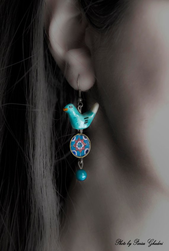 NEEKI Persian dangle earrings, Middle Eastern - Oriental - ceramic bird - blue bird