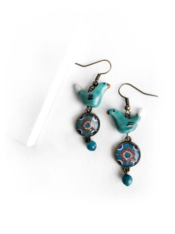 NEEKI Persian dangle earrings, Middle Eastern - Oriental - ceramic bird - blue bird