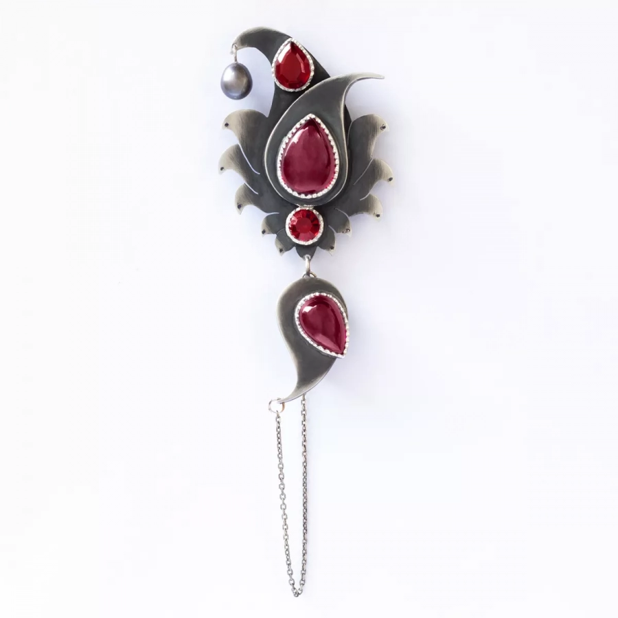 Handmade Silver Brooch Or Pendant With Indian Ruby Crystal And Black Pearl