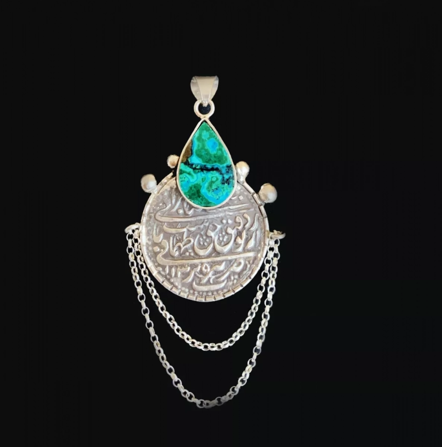 Vintage Silver Imitation Persian Coin Chrysocolla Pendant