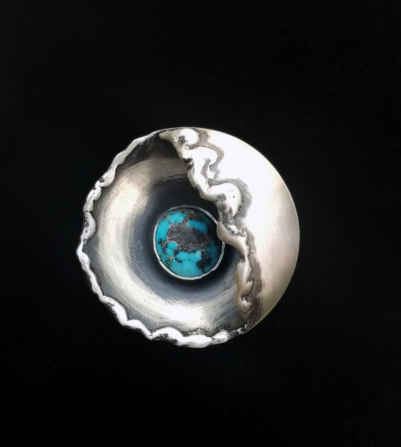 Handmade Large Round Silver Ring With Neishapur Turquoise 