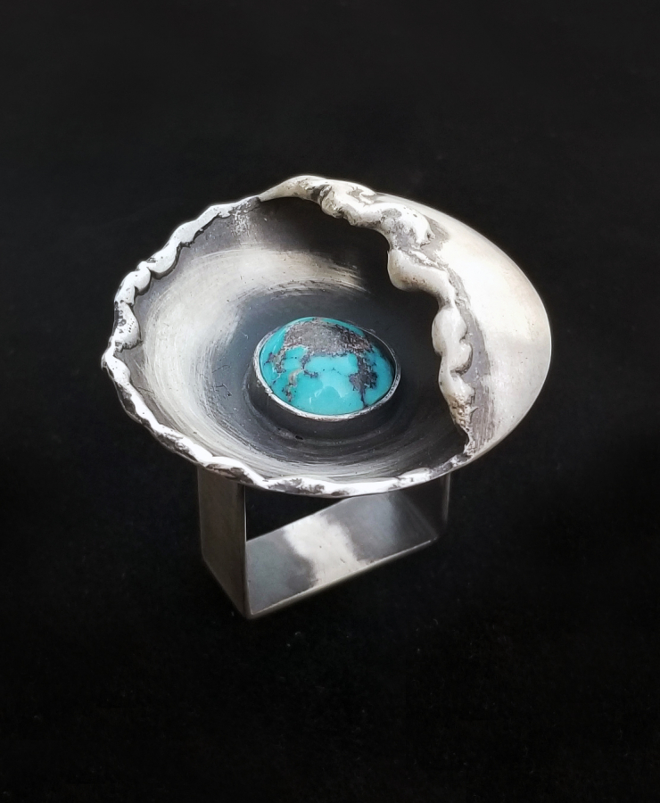 Handmade Large Round Silver Ring With Neishapur Turquoise 