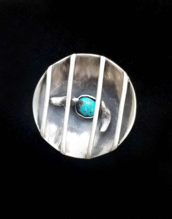  Large Round Silver Ring With Neishapur Turquoise 