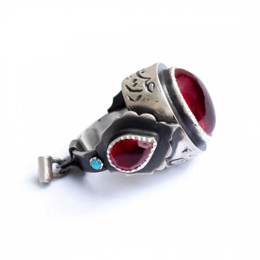 Handmade Calligraphy Silver Ring With Indian Ruby And Turquoise Stone