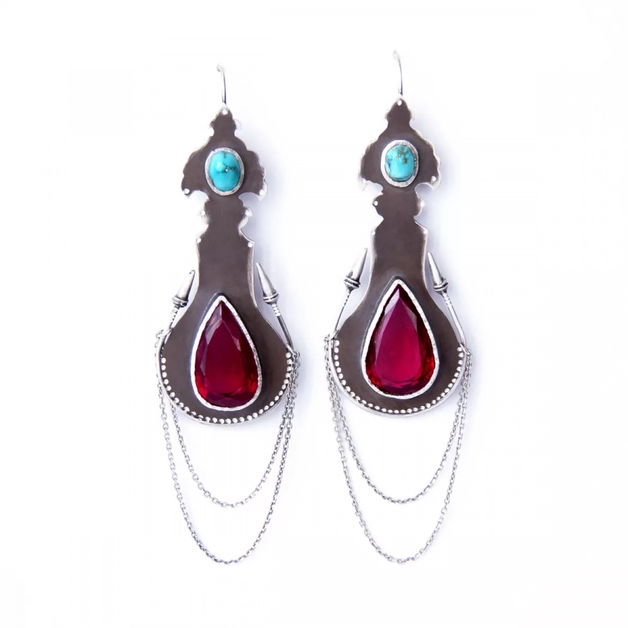 Handmade Silver Earrings From Safavid Collection With Indian Ruby And Neyshabour turquoise
