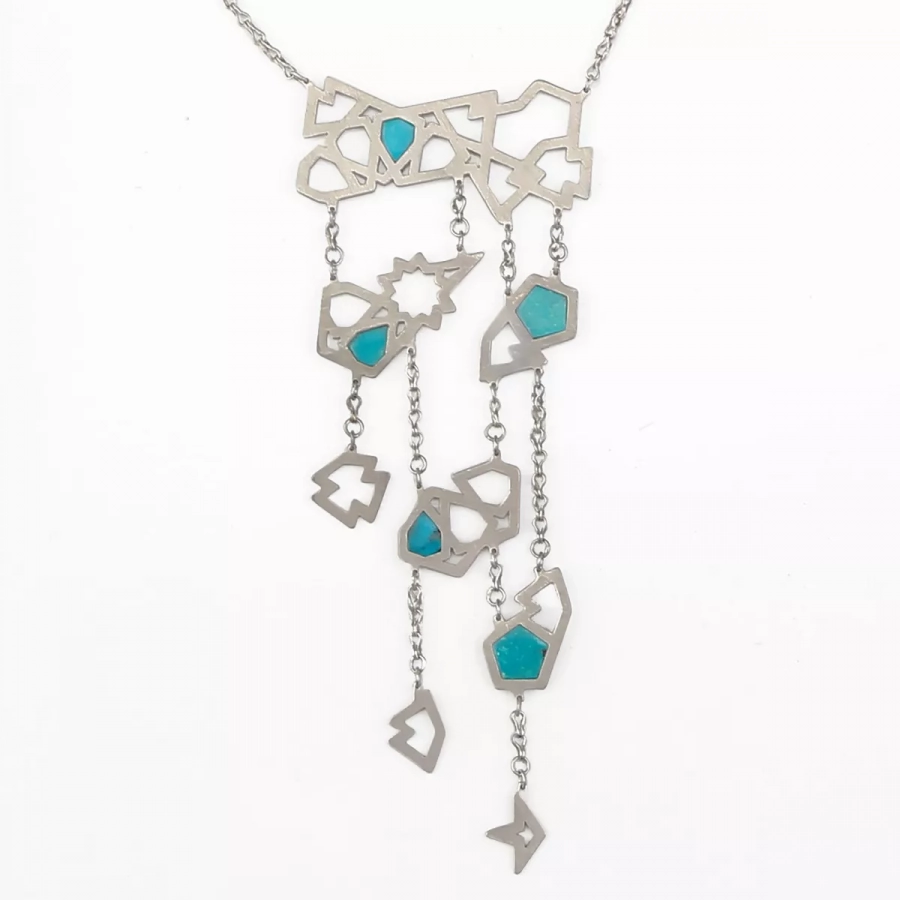 Hand Crafted Statement Eslimi Inspired Silver Necklace With Authentic Neishabur Turquoise