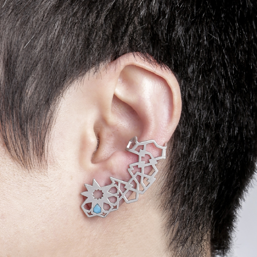 Hand crafted luxury statement eslimi inspired silver non identical earrings with turquoise