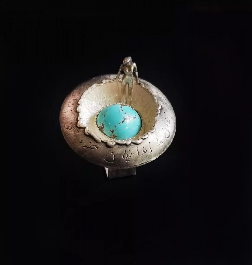 Large Round Silver Ring Size 6.5 Zendan With Neishapur Turquoise 
