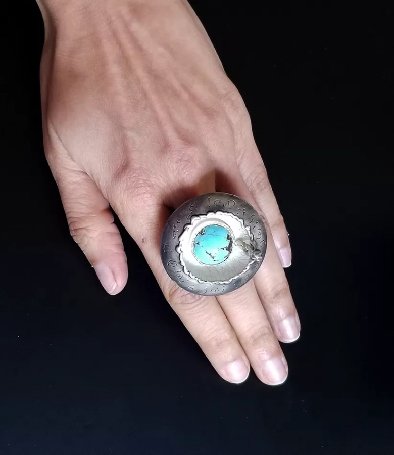  Large Round Silver Ring Size 6.5 Zendan With Neishapur Turquoise 