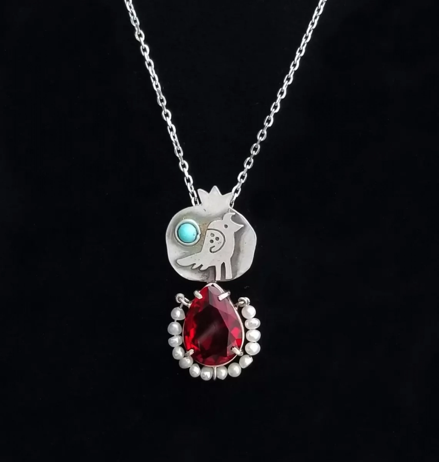 Handmade Silver And Pearls Necklace With Red Crystal And Bird