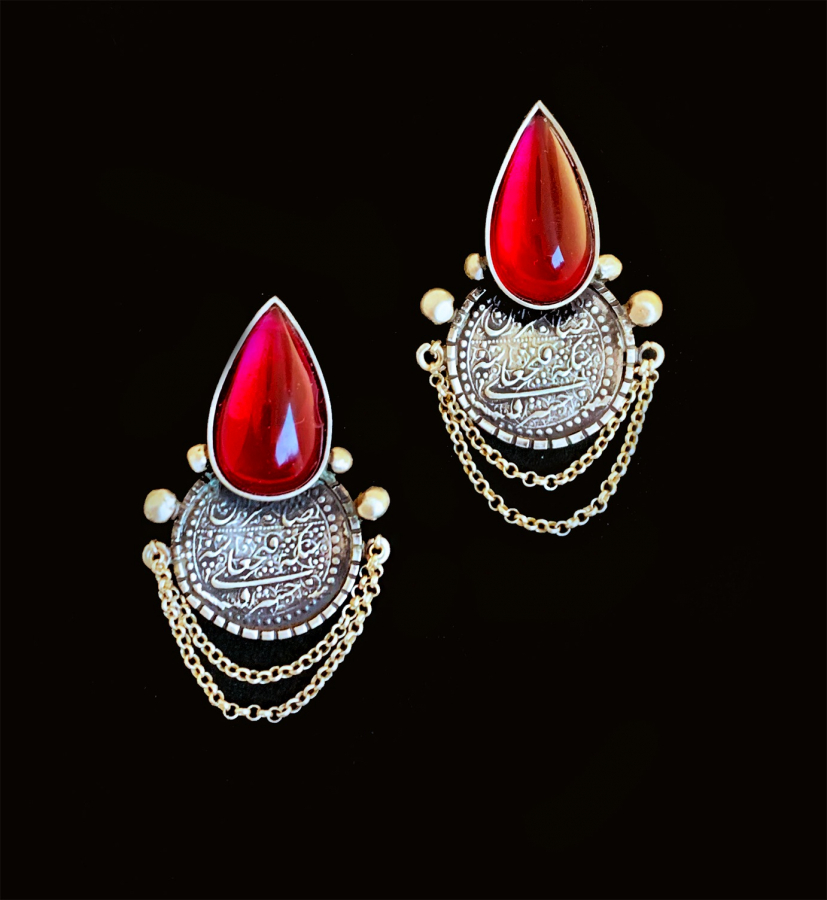 Silver Earrings Made With Imitation Persian Coin And Red Carnelian Garnet Stone