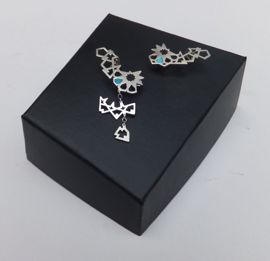 Hand crafted luxury statement eslimi inspired silver non identical earrings with turquoise