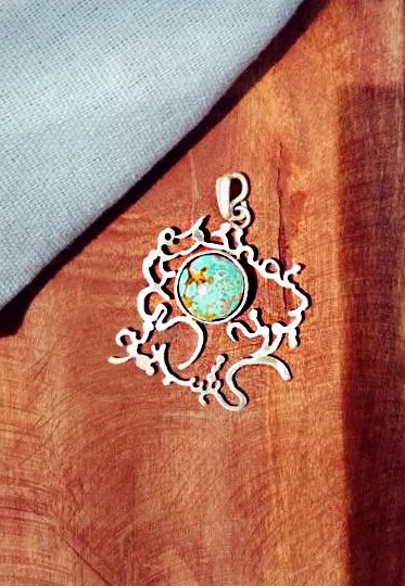 Handmade Silver Round Silver Necklace With Turquoise (firoozeh) Stone And Persian Calligraphy
