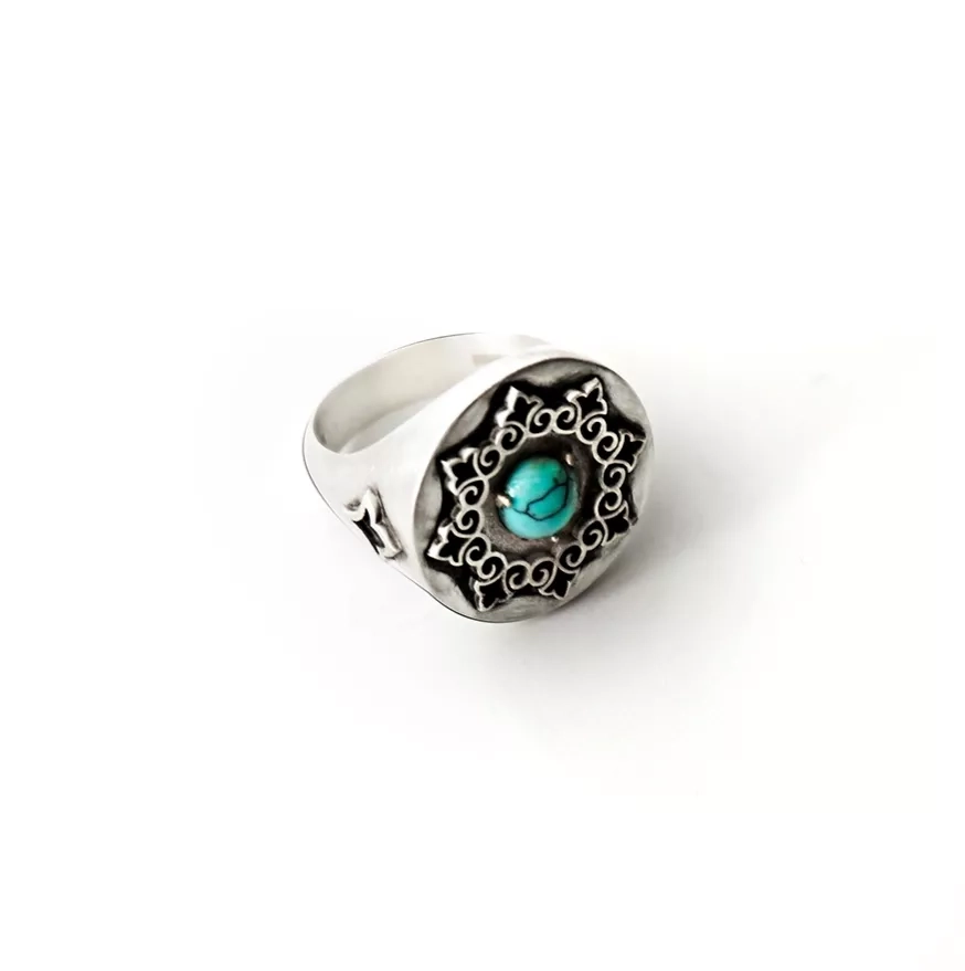 Silver Signet ring with Persian Pattern and Turquoise