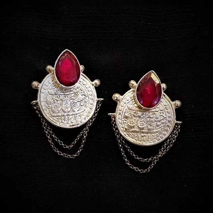 Silver Earrings Made With Imitation Persian Coin And Red Carnelian Garnet Stone