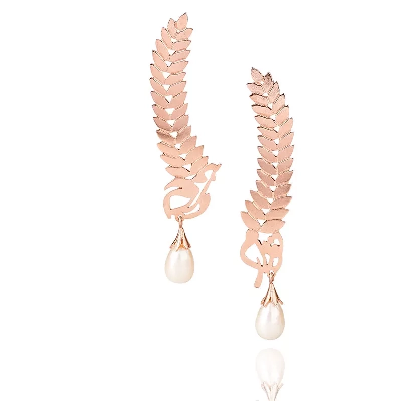 Rose gold-plated silver earrings in a shape of  wheat which carry a part of the Persian poem from Saadi