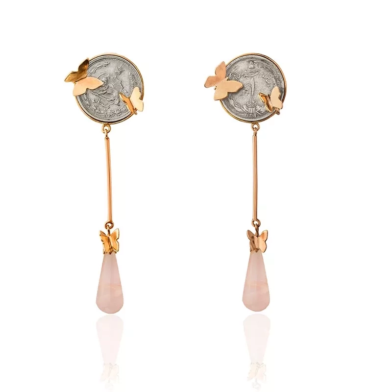 rose gold-plated silver earrings with ancient Pahlavi coin