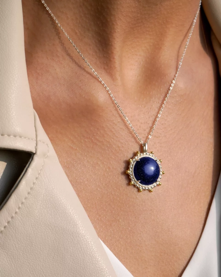 Round Silver Gemstone Necklace, Sun Stone Necklace