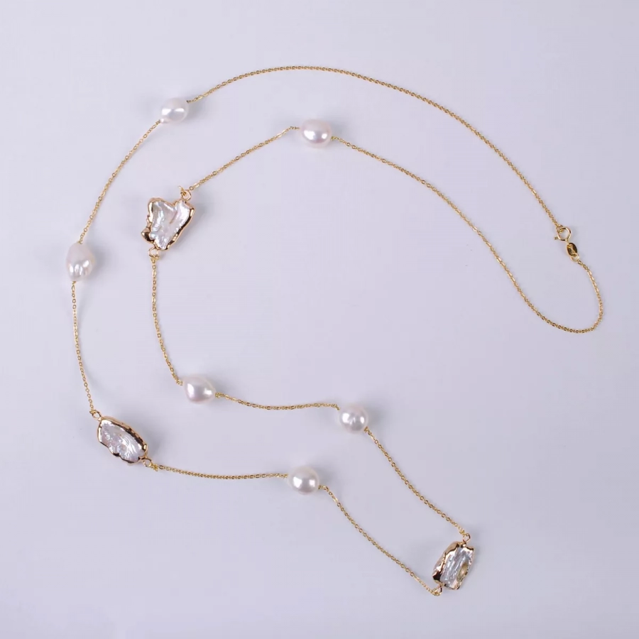 Gold Plated Silver Long Necklace With Baroque Pearls