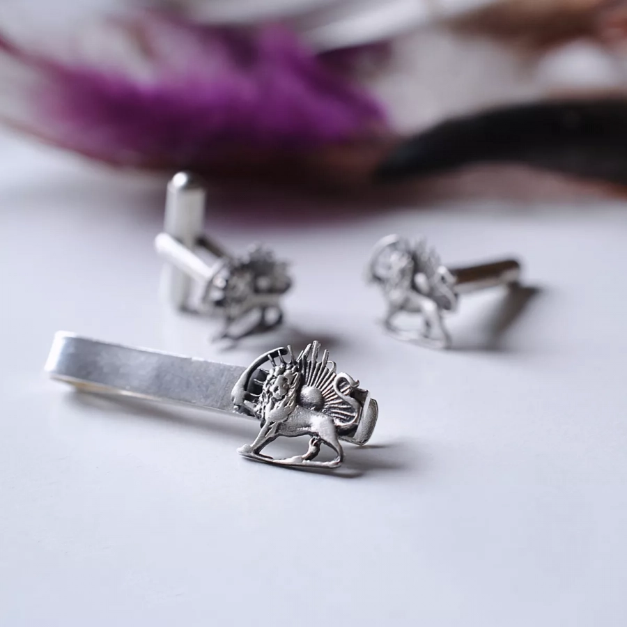 Silver Lion and Sun Tie Bar Set