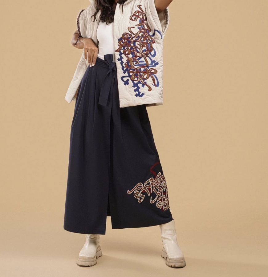 Handmade maxi skirt with Persian calligraphy poem embroidery. Navy