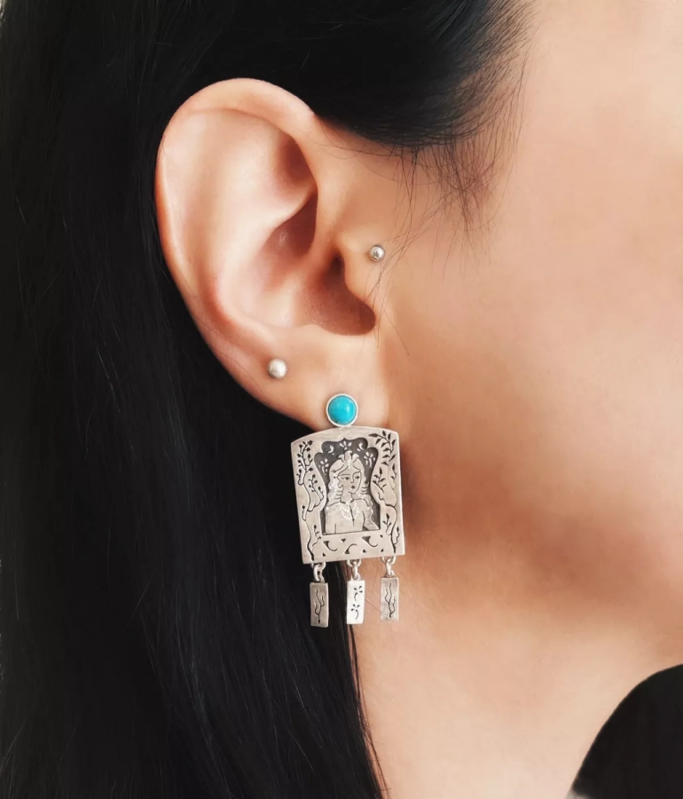 Silver Persian miniature Earrings with authentic Turquoise stones