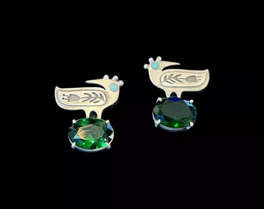 silver bird green stone earrings