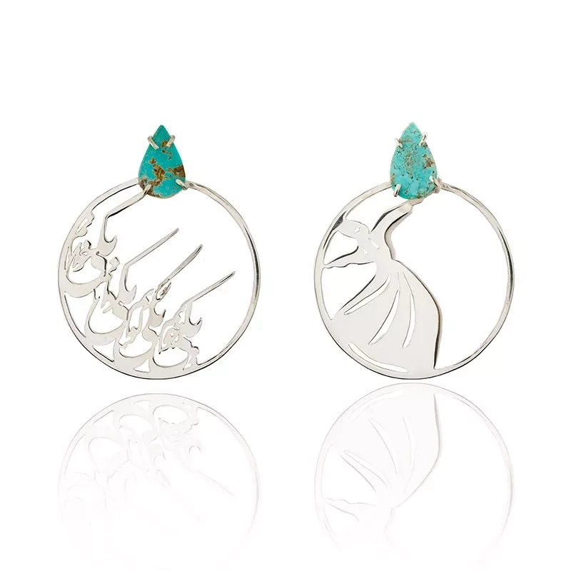 Silver circle shape Sufi earrings with drop shape turquoise stone