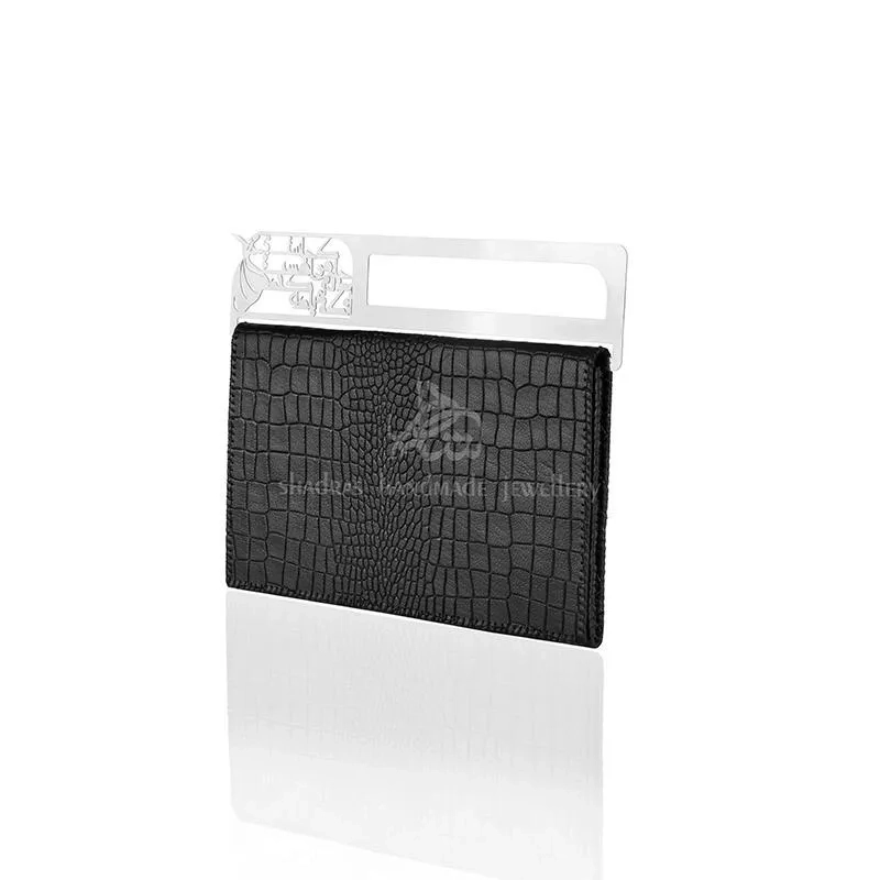 Silver and leather black sufi calligraphy clutch 