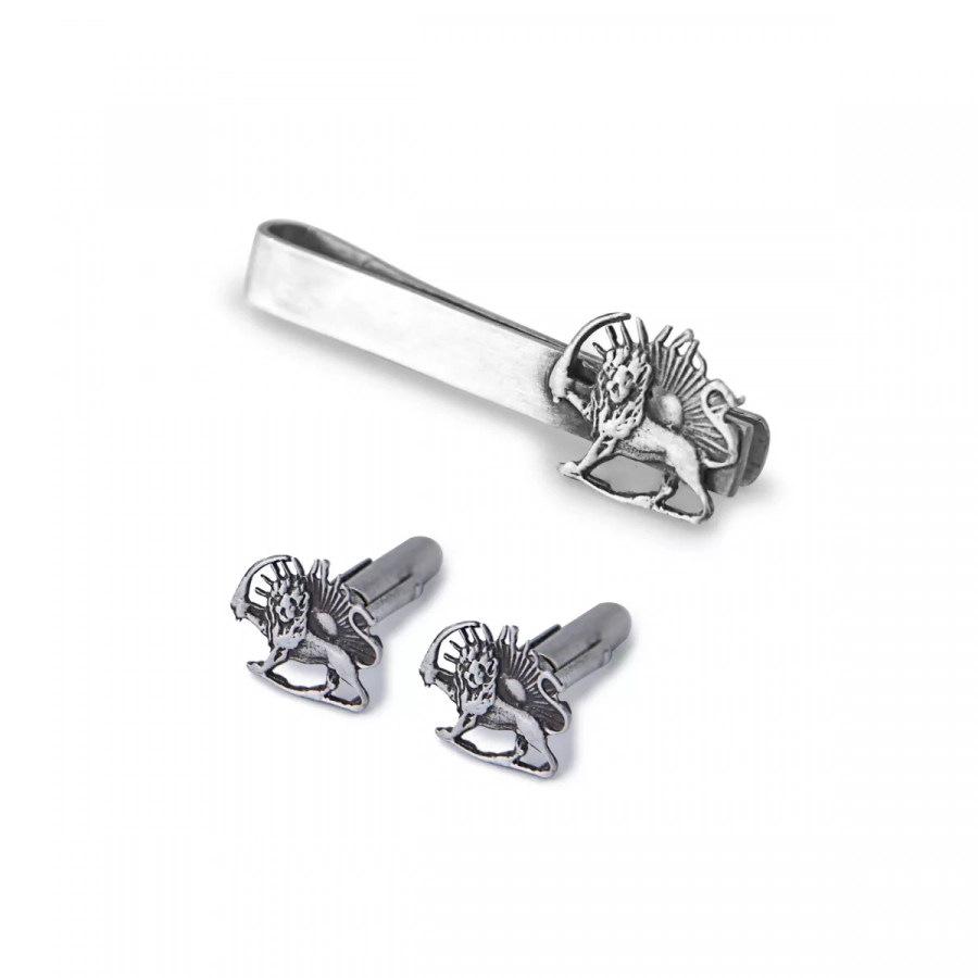 Unisex Lion and Sun Silver Cufflinks and Tie bar