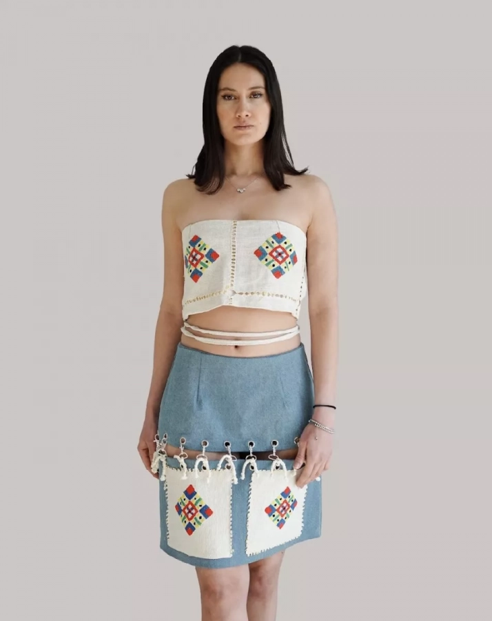 The Amalfiu Set with Mini Denim Skirt and a crop top
