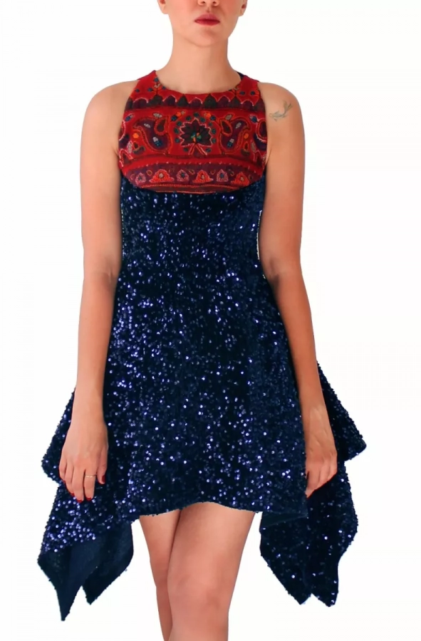 Handwoven dark blue and red Kerman pate asymmetric dress 