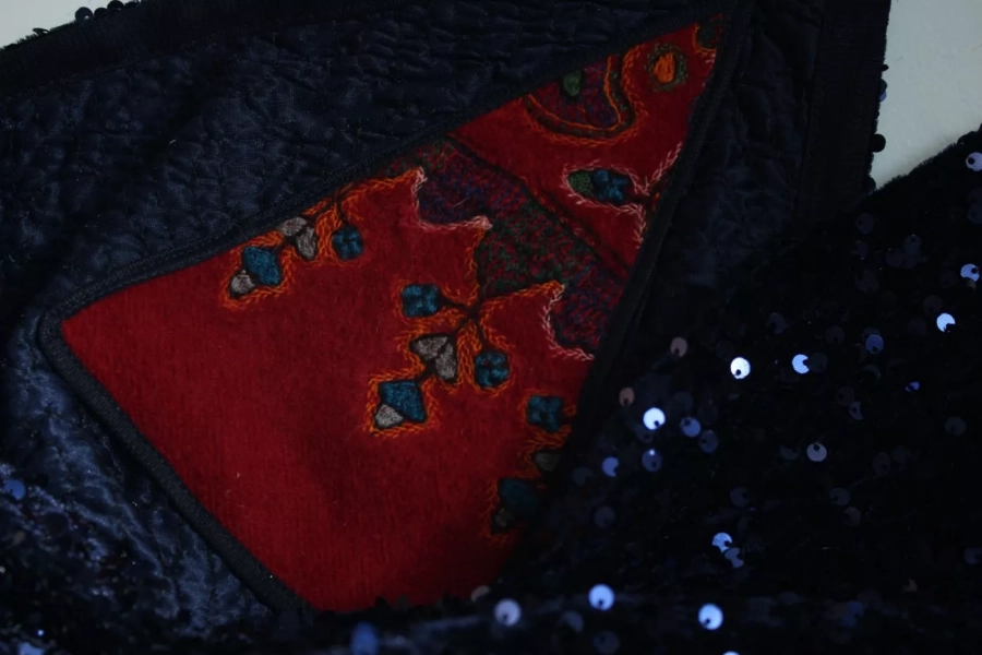 Handwoven dark blue and red Kerman pate asymmetric dress 