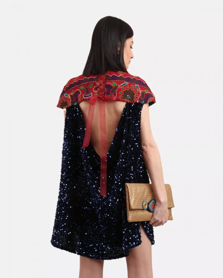 Handwoven dark blue and red Kerman pateh dress