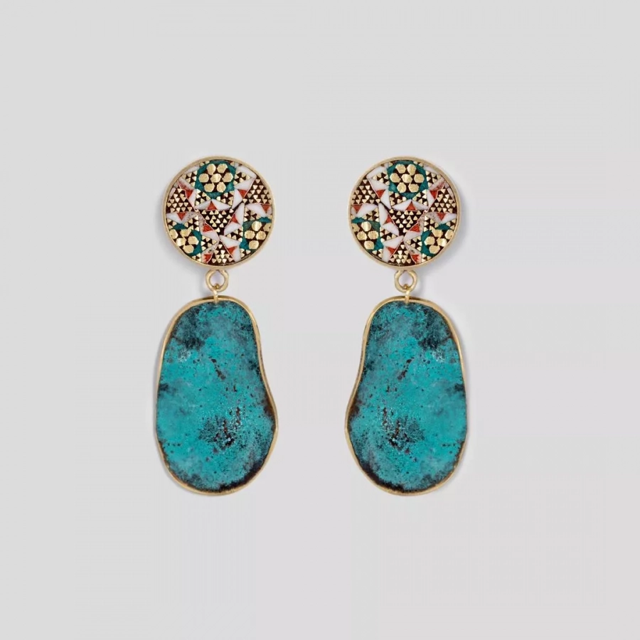 persian khatamkari art unique dangling earrings turquoise blue